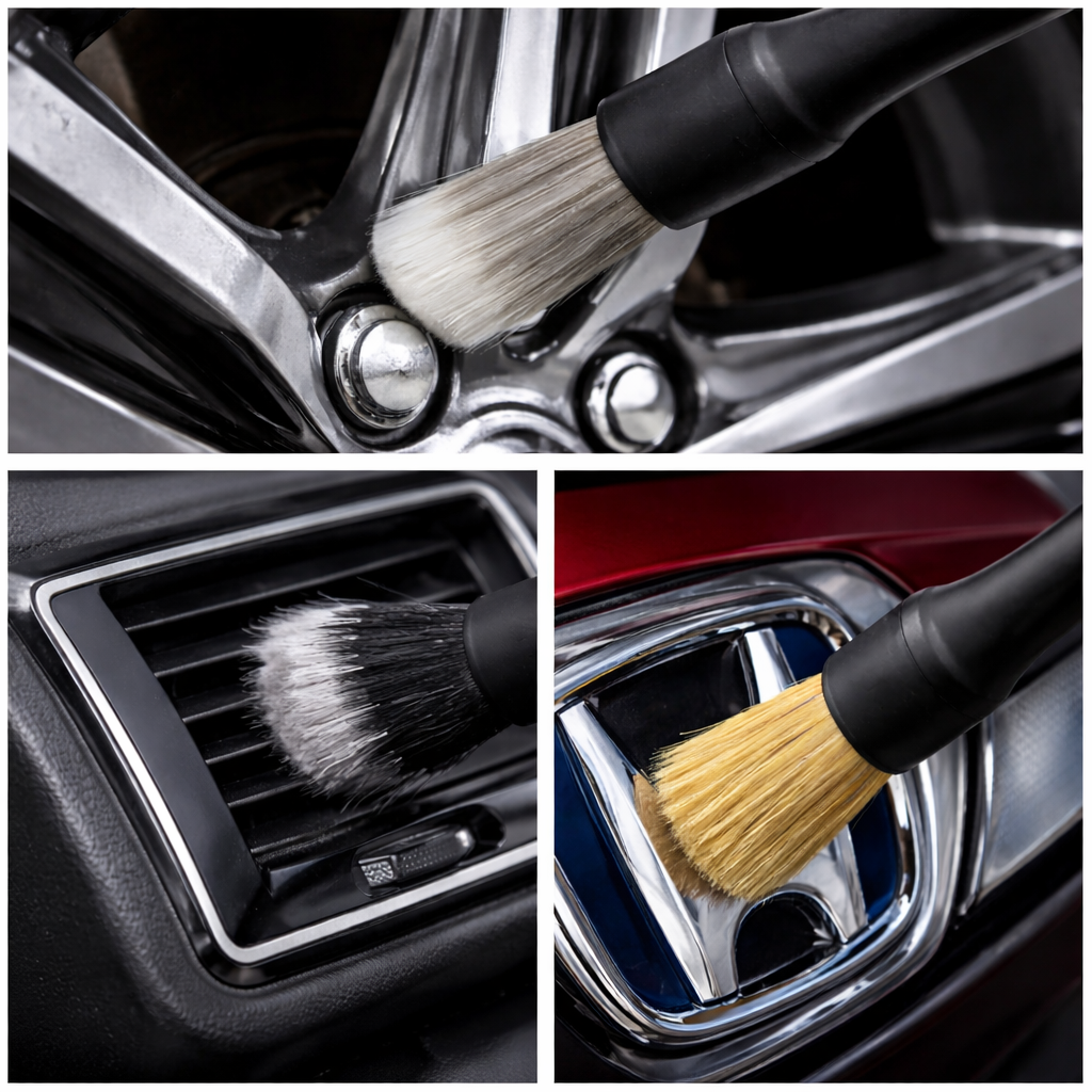 Car detailing brush cleaning car interior components including air vents and chrome surfaces.