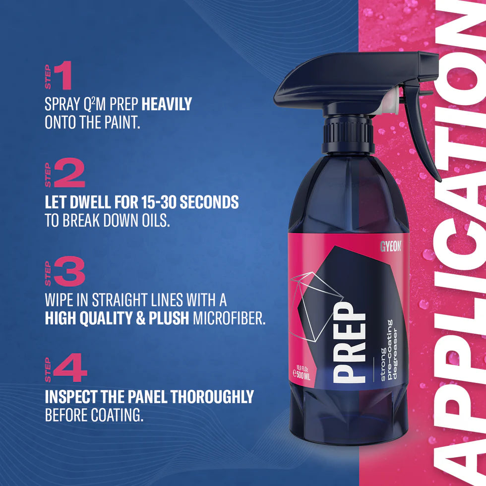 Gyeon Prep Car care spray bottle with application steps on a blue and pink background