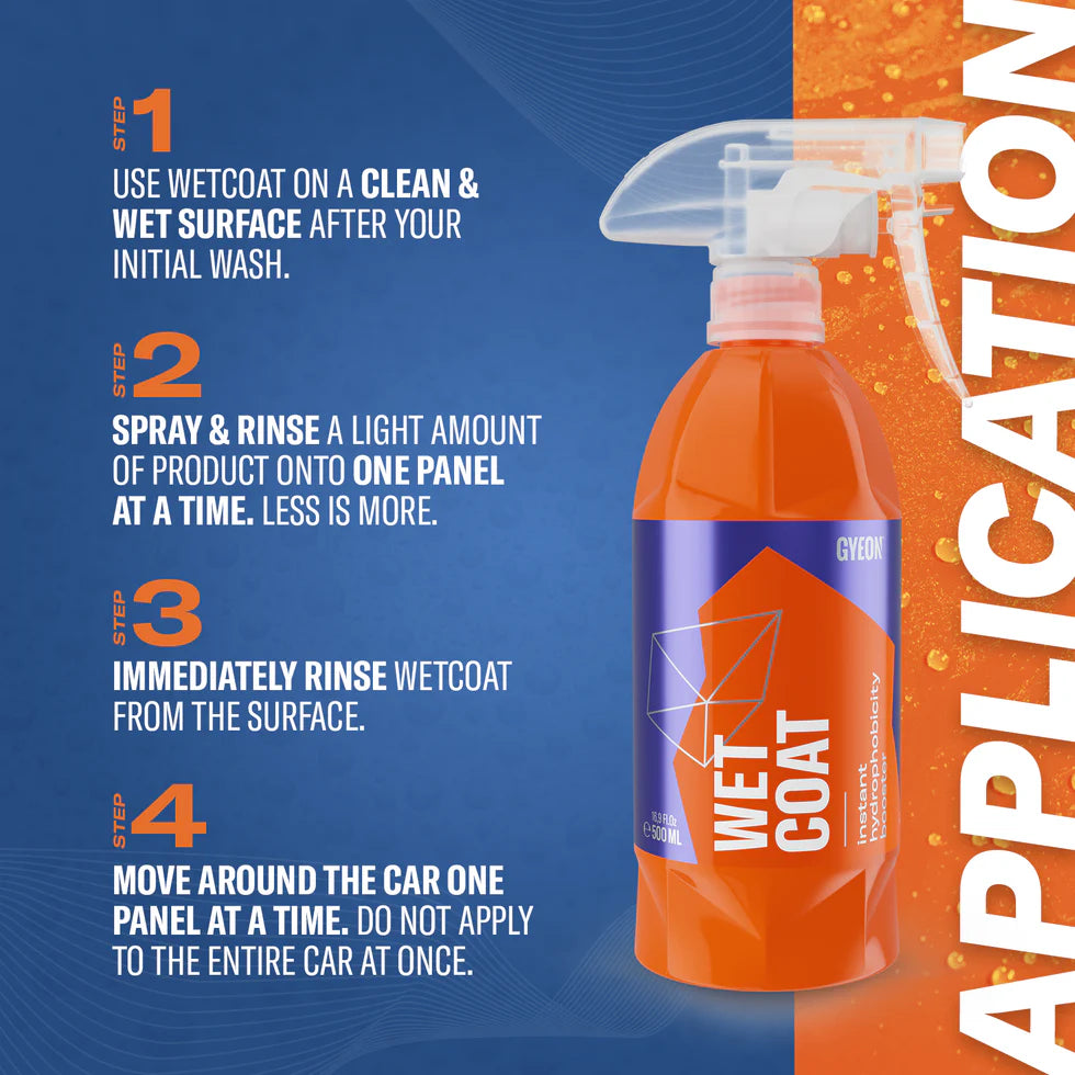 Orange spray bottle labeled 'Wet Coat' with application instructions on a blue and orange background