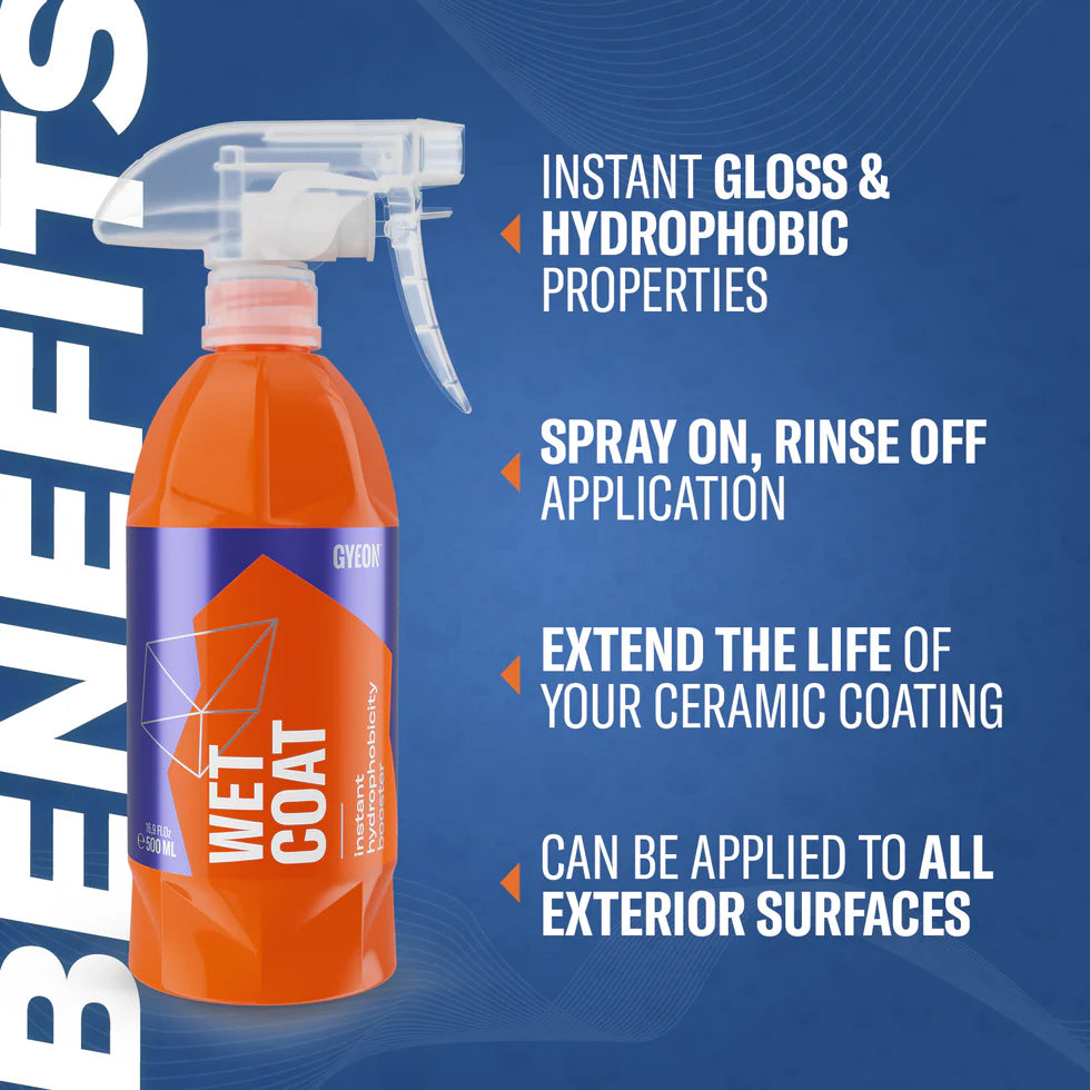 Orange spray bottle labeled 'Wet Coat' with text highlighting benefits on a blue background