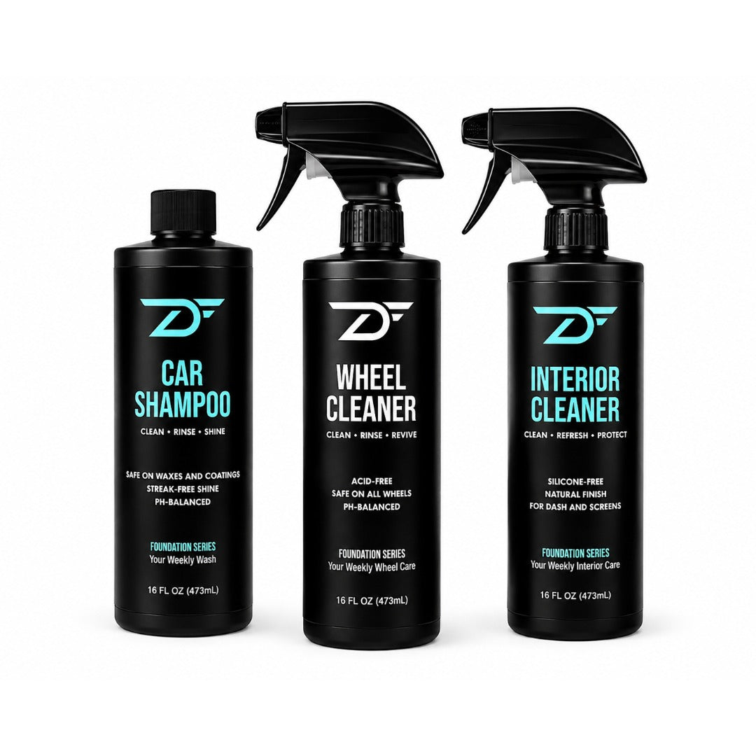 Three black Detailers Finest Foundation Series brand car care bottles on a white background: Car Shampoo, Wheel Cleaner, and Interior Cleaner.