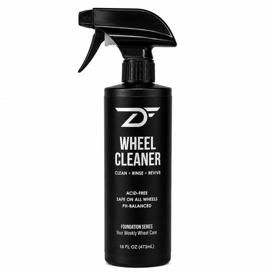 A 16 fl oz black spray bottle of Detailers Finest Foundation Series Wheel Cleaner featuring a black trigger sprayer and white text on a white background.