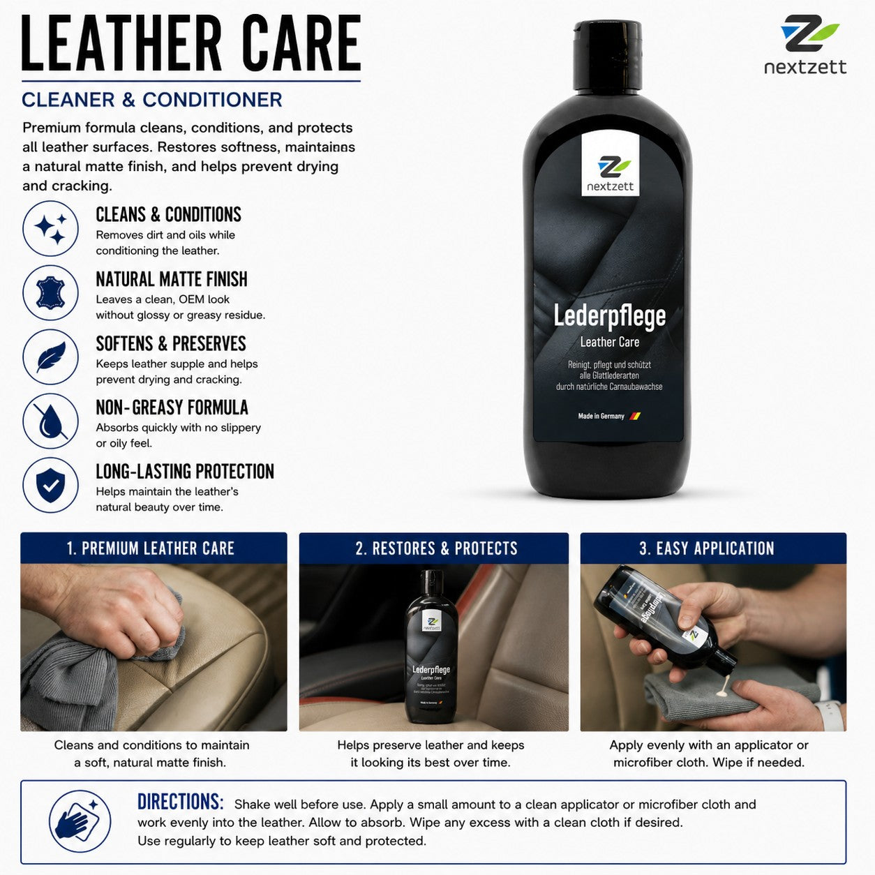 Nextzett leather care product with features and usage instructions on a white background