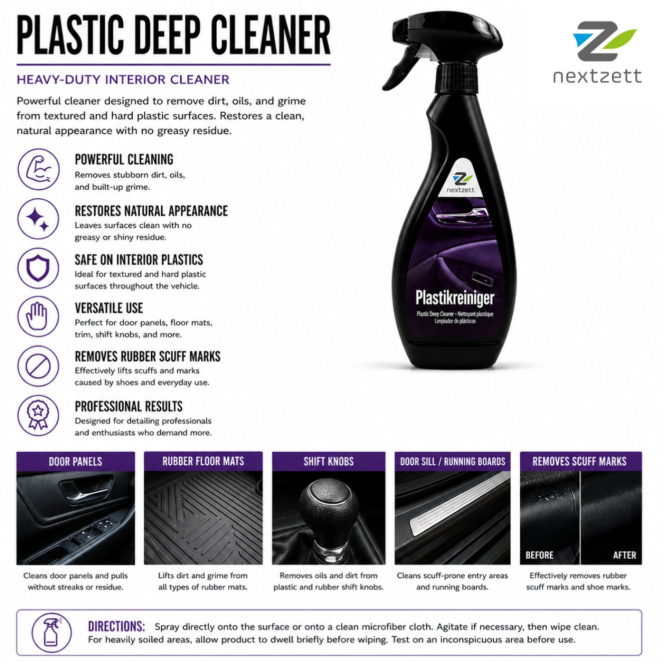Nextzett plastic deep cleaner bottle with features and uses on a white background