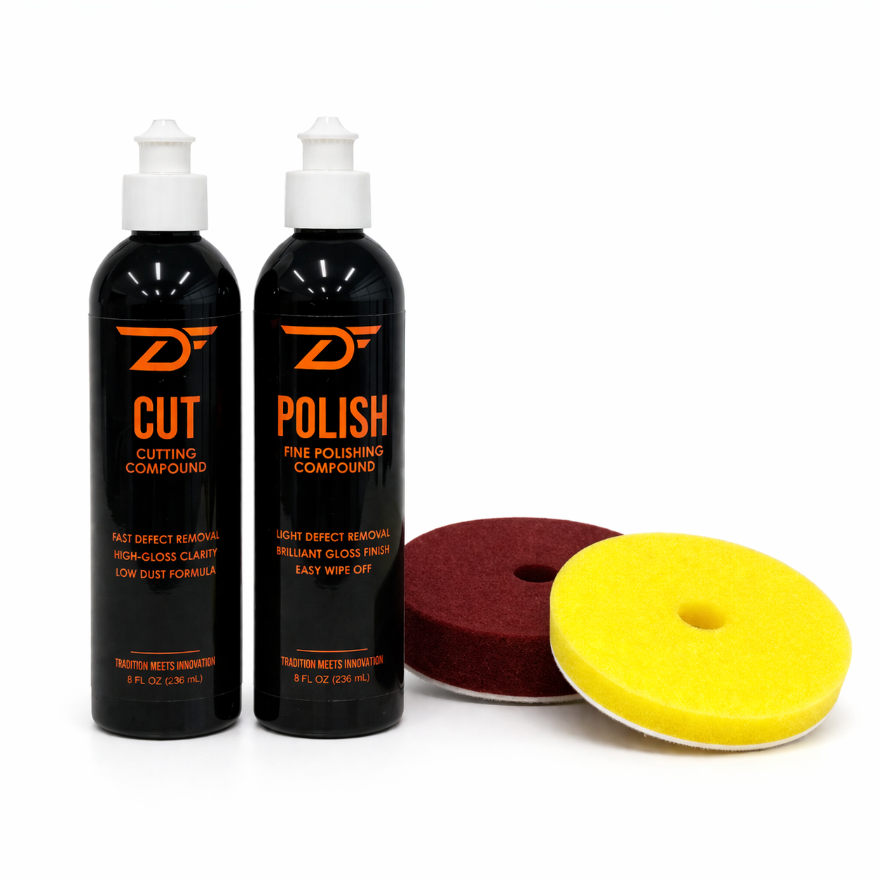 Two bottles of cutting and polishing compounds with a sanding disc and yellow buffer pad on a white background.