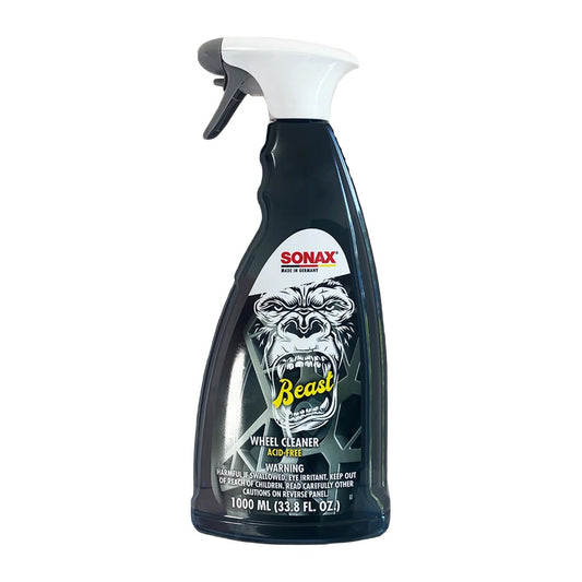 A bottle of Sonax Beast Wheel Cleaner 4091 on a plain white background. The product is a dark, translucent spray bottle with a white spray trigger head and a black spray nozzle.