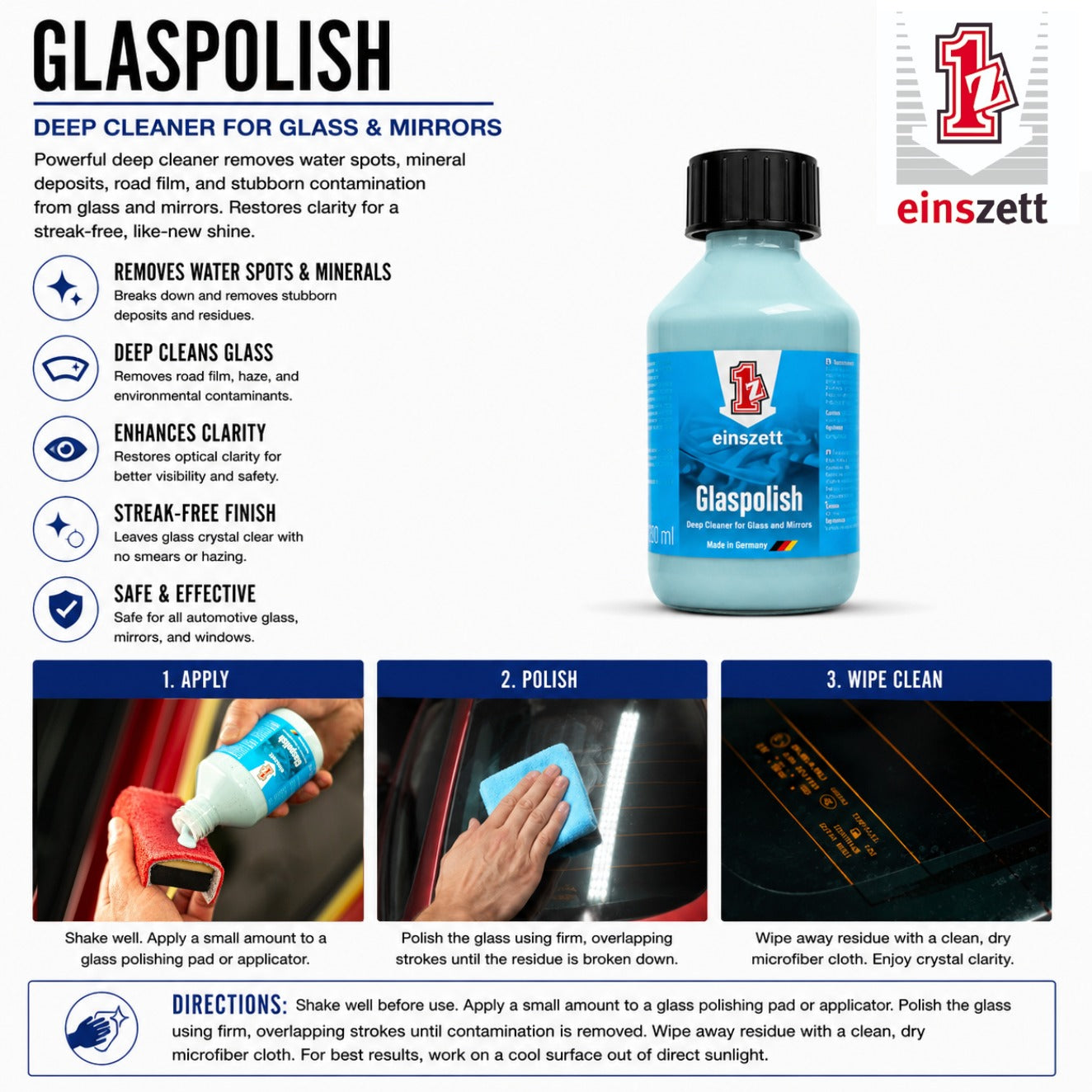 einszett Glaspolish deep cleaner for glass and mirrors with usage instructions.