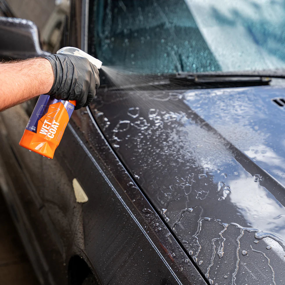 Person cleaning a car windshield with a spray bottle labeled 'Wet Coat'.